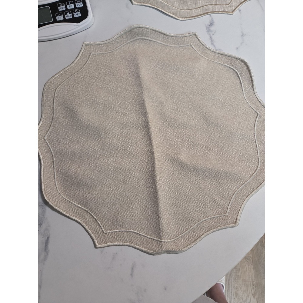 Set of 4 Beige Scalloped Linen Look Embroidered Placemats 15" NWT No Tags
